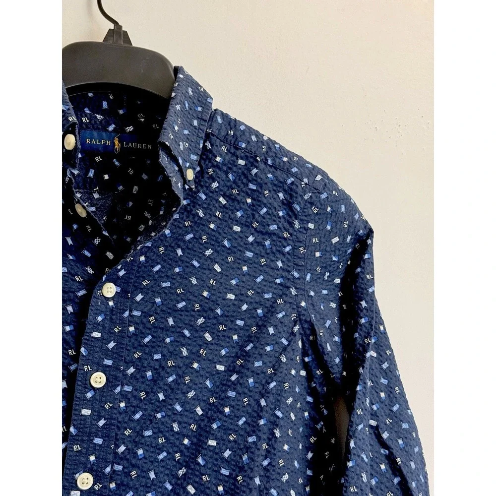 Ralph Lauren Boys Sz S/8 Nautical Seersucker Long Sleeve Button Down Shirt, Navy